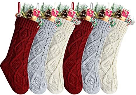 Kunyida 18 Inches Burgundy, Ivory, Gray Knitted Christmas Stockings,6 Pack