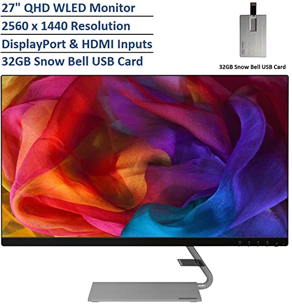 2020 Lenovo 27" QHD WLED IPS Monitor, 2560x1440 Resolution, Dual Speakers, 16:9 Aspect Ratio, 75Hz Refresh Rate, 300 cd/m² Brightness, 16.7M Colors, DisplayPort & HDMI Inputs, 32GB Snow Bell USB Card