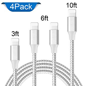 iPhone Charger, Mfi Certified Lightning Cables 4Pack 3FT 2x6FT 10Ft to USB Syncing Data and Nylon Braided Cord Charger for iPhone XS/Max/XR/X/8/8Plus/7/7Plus/6S/Plus/SE/iPad and More