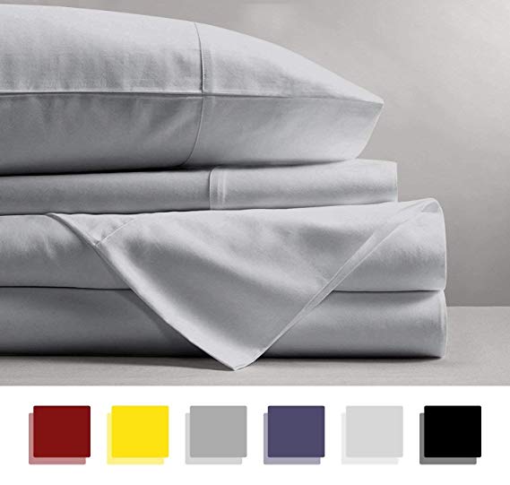 600 Thread Count 4-Piece 100% Cotton Sheets - Light Grey Long-staple Cotton Full XL Sheets, Fits Mattress Upto 15'' Deep Pocket, Sateen, Soft Cotton Bed Sheets and Pillowcases Solid