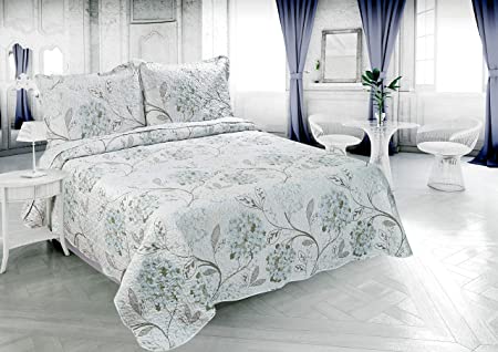 Marina Decoration Rich Printed Embossed Pinsonic Coverlet Bedspread Ultra Soft 2 Piece Summer Quilt Set with 1 Quilted Sham, Blue Hydrangea Floral Pattern Twin/Single Size
