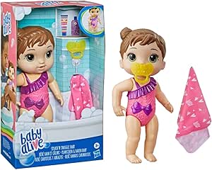 Baby Alive Splash'n Snuggle Baby Brown Hair Doll for Water Play, with Accessories