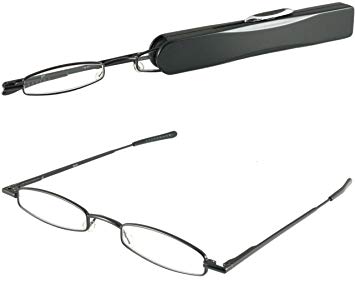 I-Mag Mini Metal Spring Hinge Reading Glasses with Slide Open Hard Case (Black, 2.00)