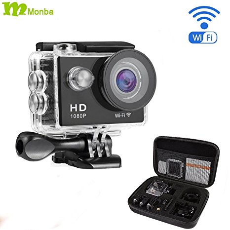 Monba ME20(Black Color) 1080P Sports Action Camera waterproof wifi camcorder 12MP 170 Ultra Wide Angle- 2x900mAh Batteries portable package Accessory Set