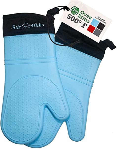 Silicone Oven Mitts Heat Resistant 500 Degrees - 2 Extra Long Silicone Oven Mitt Pot Holders - Food Safe Oven Gloves - BPA Free - Soft Inner Lining - (Blue) - Frux Home and Yard