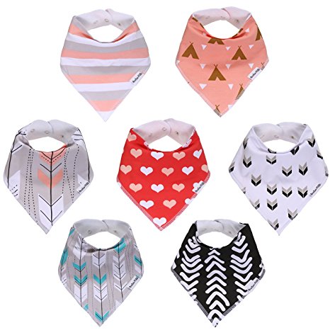 American Kiddo Baby Bandana Drool Bibs for Girls 100% Waterproof Organic Cotton With Snaps and Back Pocket (7-Pack) for Drooling and Teething Babies and Toddlers