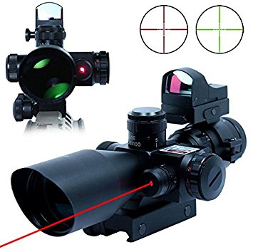 UUQ 2.5-10x40 Tactical Rifle Scope Dual Illuminated Mil-dot W/ RED(GREEN) Laser Sight, Rail Mount and 4 Reticle Red/Green Dot Reflex Sight (12 Month Warranty)