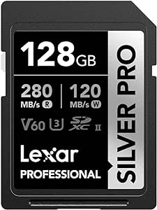 Lexar Silver Pro SD Card 128GB, UHS-II Memory Card, V60, U3, C10, SDXC Card, Up To 280MB/s Read, for Professional Photographer, Videographer, Enthusiast (LSDSIPR128G-BNNAA)