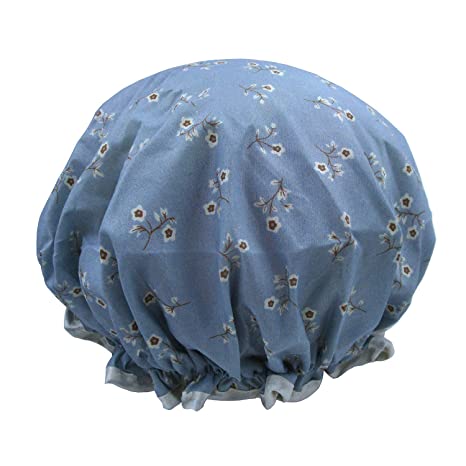 1 Pcs Waterproof Shower Cap for Women,Quanchen Double Layer Lined Reusable Elastic Bath Caps for Girls (06 Blue Flower)