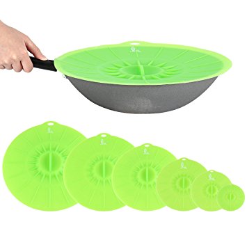 Silicone Lids 14 '' Set of 6 LFGB 100% Food Grade Premium Food Grade Cup Pot Can Bowl Covers Microwave Covers Pan Covers Skillet Pan Lids Super Kitchen (14 '',12'',10'',8'',6'',4'', green)