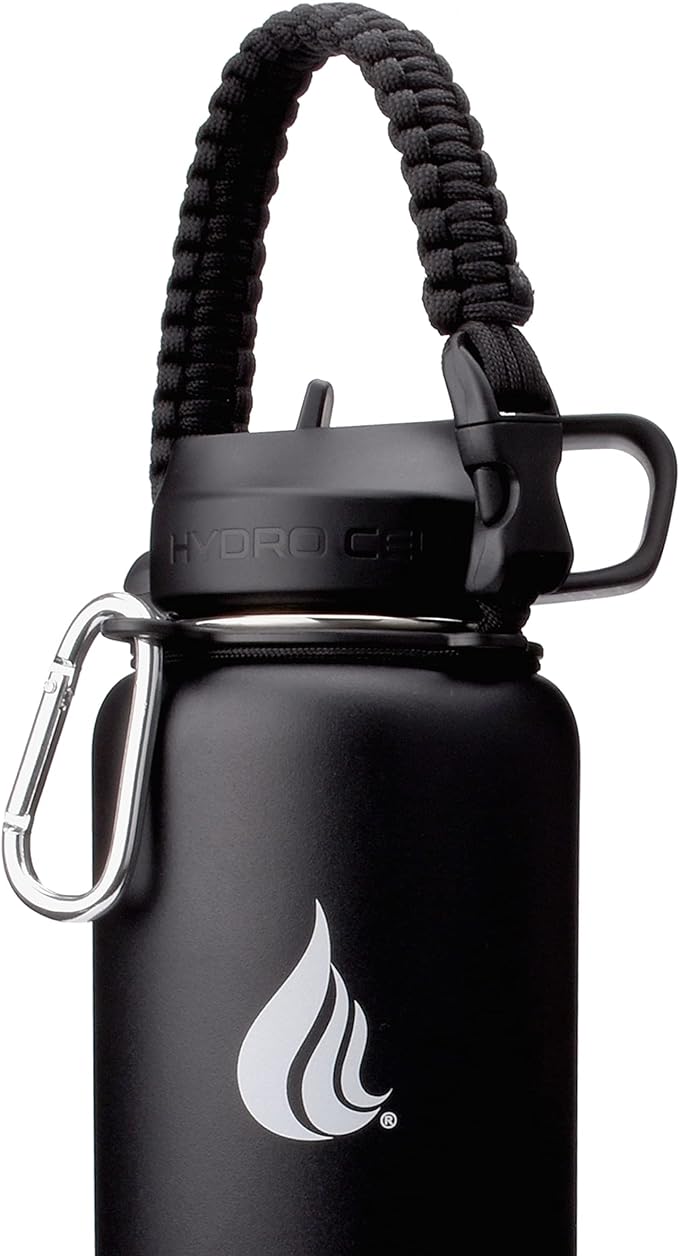 HYDRO CELL Wide Mouth Paracord Handle - Strap Carrier with Safety Ring and Carabiner. Compatible with 14, 18, 24, 32, 40, and 64 oz Stainless Steel Water Bottles