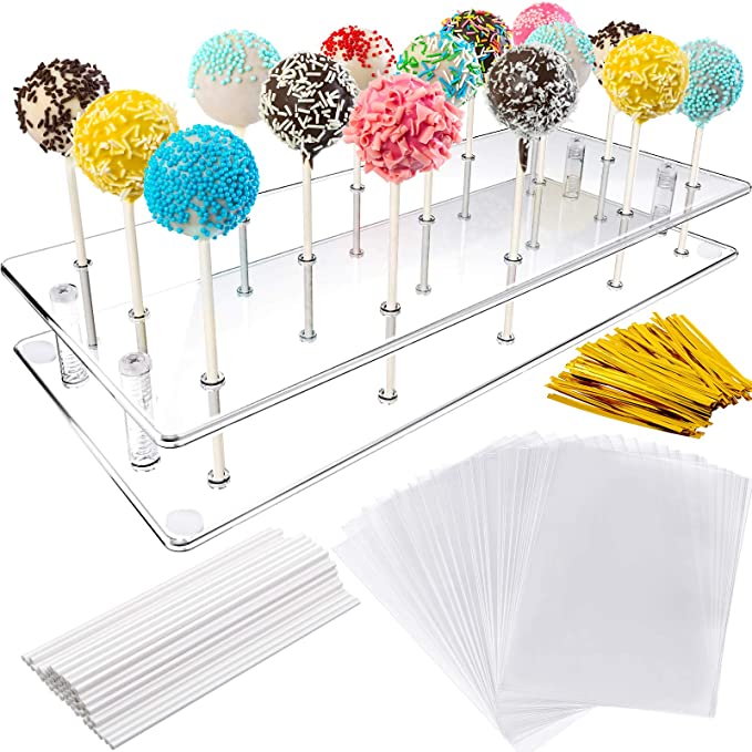 Cake Pop Display Stand, 21 Hole Clear Acrylic Lollipop Holder with 50 Pieces Lollipop Sticks 50 Pieces Plastic Treat Bag and 100 Pieces Twist Tie for Wedding Baby Shower Birthday Party Halloween Candy