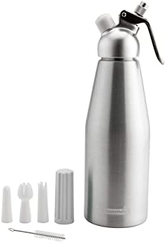 Whip Tek 0.5L Aluminum Whipped Cream Dispenser - with 3 Plastic Decorator Tips - 1 count box - Restaurantware, Silver