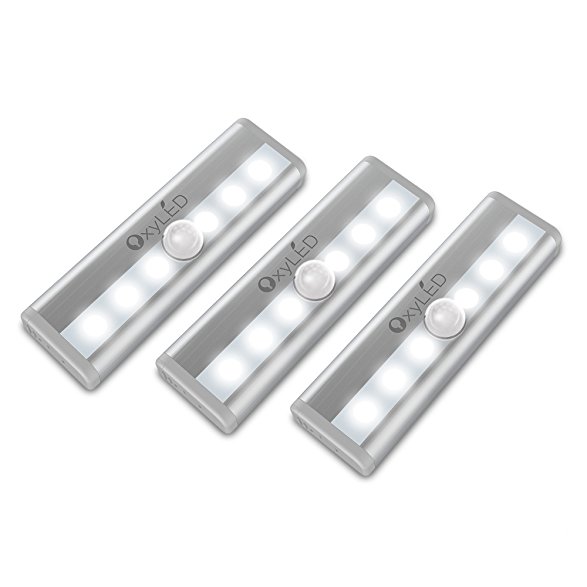 OxyLED Motion Sensor Lights, Mini Size with 6 LED Night Light for Closet Cabinet Wardrobe Ambry Cupboard Drawer Stairs Step, Stick-on Safe Lights Bed Light, 3 Pack, Battery Operated