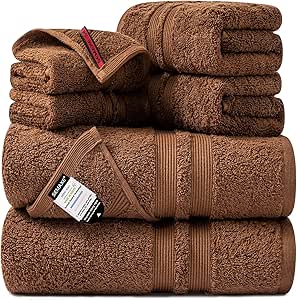 SEMAXE Solid 6-Piece Towel Set, Brown, 600GSM 100% Cotton, 2 Each of Bath Towel, Hand Towel, and Washcloths, Gift Box Packaging, Hanging Loop Design, Nano-Bio Lifecycle Label