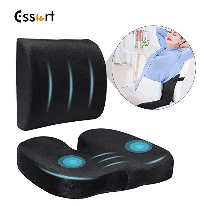 ESSORT Memory Foam Seat Cushion Set, Non-Slip Orthopedic Coccyx Cushion with Lumbar Support Pillow, Office Chair Car Back Seat Cushion, for Tailbone Pain, Sciatica & Back Pain Relief (Black)