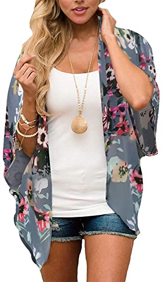 Women's Floral Print Puff Sleeve Kimono Cardigan Loose Cover Up Casual Blouse Tops