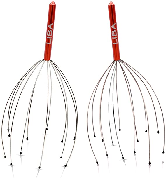Scalp Massager Tool (2-Pack) for a Rejuvenating Head Hair Scratcher Massage by LiBa. No Painful Scratches, Tangling, or Hair Pulling Wires w/Gentle Rubber Beads (Red, 12 Wire)