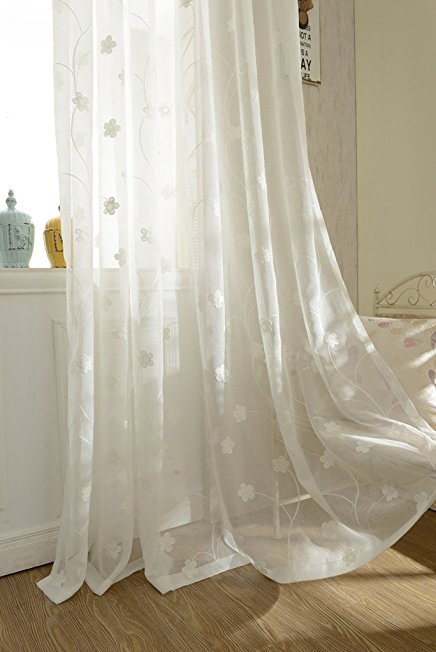 YouYee Semi-Sheer Elegant Embroidered Solid White Rod Pocket Window Curtains/Drape/Panels/Treatment 54 x 84,Two Panels
