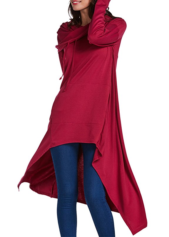 onlypuff Women's Pullover Hoodie Sweatshirts Asymmetric Hem Tunic Tops Solid Color Dress