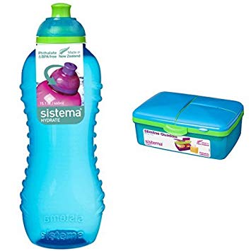 Sistema Twist 'n' Sip BPA Free Water Bottle, 460 ml - Blue with Sistema Lunch Slimline Quaddie, 1.5 L - Blue/Green