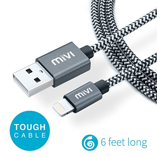 Apple MFi Certified 6ft long Nylon Braided Original Mivi Tough Lightning Cable for iPhone, iPad and iPod, Super fast charging up to 2.4Amps (Black)