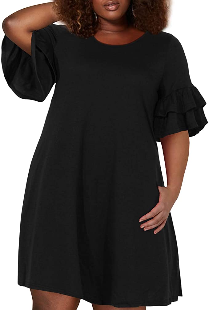 Nemidor Women's Ruffle Sleeve Jersey Knit Plus Size Casual Swing Dress with Pocket