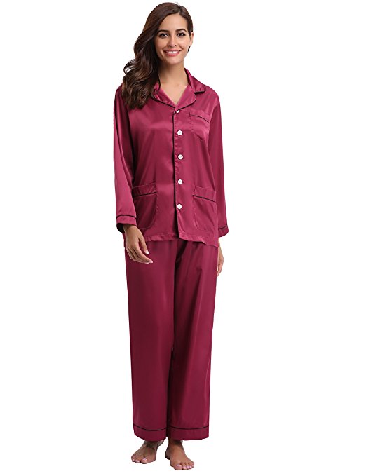 Aibrou Women's Satin Pajamas Set Long Sleeve and Long Button-Down Sleepwear Loungewear