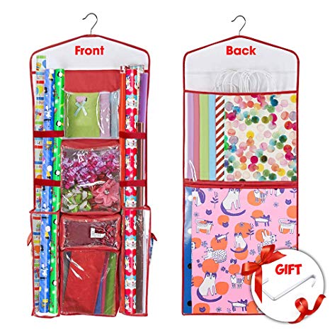 Primode Hanging Wrapping Paper Storage Organizer Bag Double Sided Multiple Front and Back Pockets Organize Your Gift Wrap, Gift Bags Bows Ribbons 40"X17" Fits Long 40 Inch Rolls Clear PVC Bag (Red)