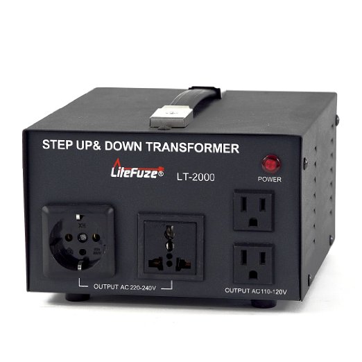 LiteFuze LT Series 2000 Watt Voltage Converter Transformer - Step Up/Down 110/120/220/240V - Detachable Cord - Circuit Breaker Protection