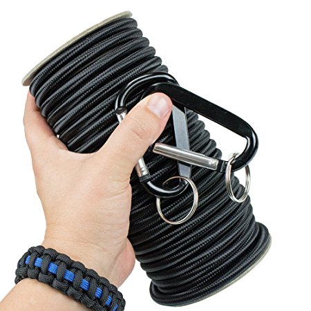 Shock Cord - Marine Grade, with 2 Carabiners  1/8", 3/16", 1/4" on 25/50/100 ft. Spools.  6 Colors, Made in USA- bungee cord, stretch cord & elastic cord