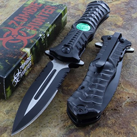 Zombie Hunter Black Assisted Toxic Green Biohazard Dagger Blade Knife (Black)