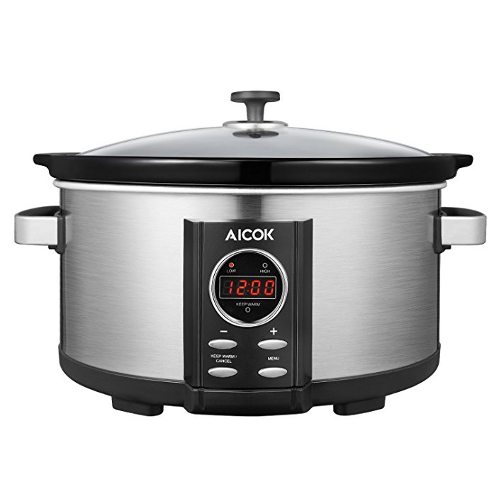 Aicok Slow Cooker, Multi Cookers, Ceramic Pot，Digital Countdown Timer, Tempered Glass Cover, Stainless steel, Silver, 6.5 L