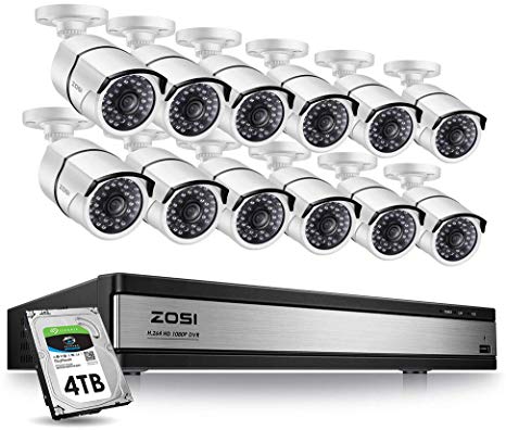 ZOSI 16 Channel 1080p Security Camera System,16 Channel DVR with 4TB Hard Drive and 12 x CCTV Bullet Camera 1080p Outdoor/Indoor with 100ft Long Night Vision and 105°Wide Angle