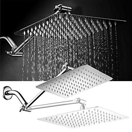 BlueHills Premium Large 12-inch square high pressure 304 stainless steel rain rainfall shower head - polished ten layer chrome finish, 1 feet square with thread sealant tape