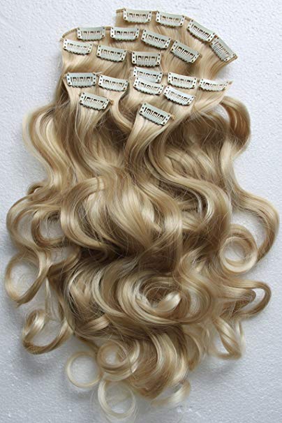 PRETTYSHOP XXL Set 8 pcs 24" Clip In Hair Extensions Full Head Hairpiece Wavy Curled Or Straight Heat-Resisting Div. Colors (bleach blonde mix curled #25T613 CES7-1)
