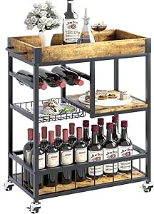 aboxoo Bar Cart Wine Glass 3 with Basket Tier Home Rolling Rack with Wheels Mobile Kitchen Industrial Vintage Style Wood Metal Serving Trolley Serving Cart,Glass Holder Bar Cabinet