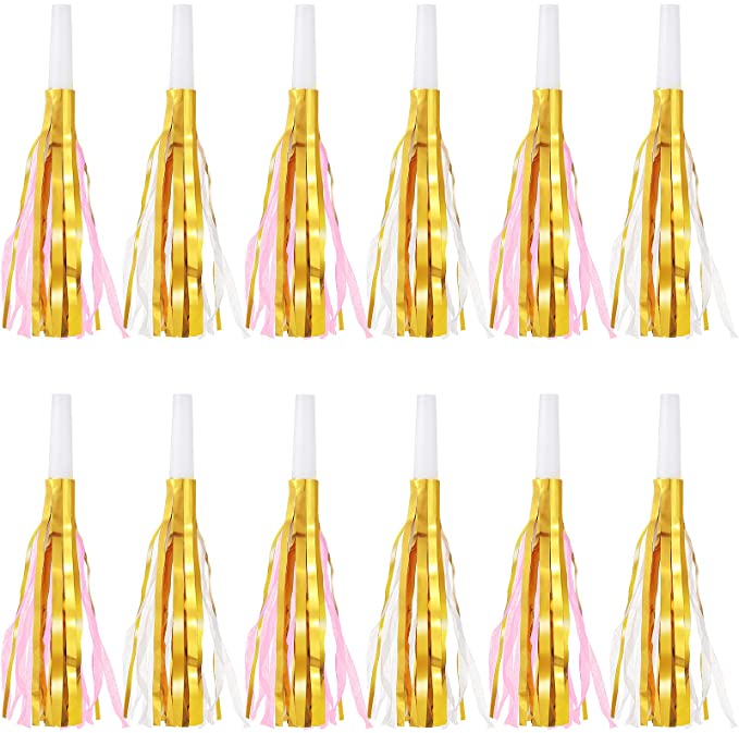 24 Pieces Glitter Metallic Fringed Noise Maker Musical Blowouts Whistle Fringed Party Blower for Kids Birthday Baby Shower New Year Party Favor Supplies