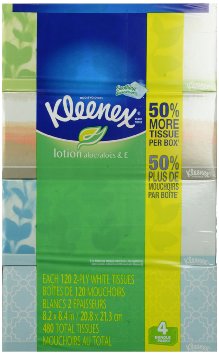 Kleenex Facial Tissues with Lotion, Medium Count Flat, 120 ct, 4 Pack