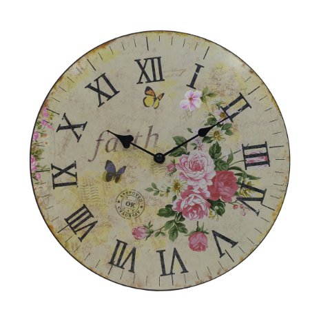 Hippih Silent Round Wall Clocks (12 Inches) Living Room Decorative Vintage / Country / French Style Wooden Clock(Round Flower)