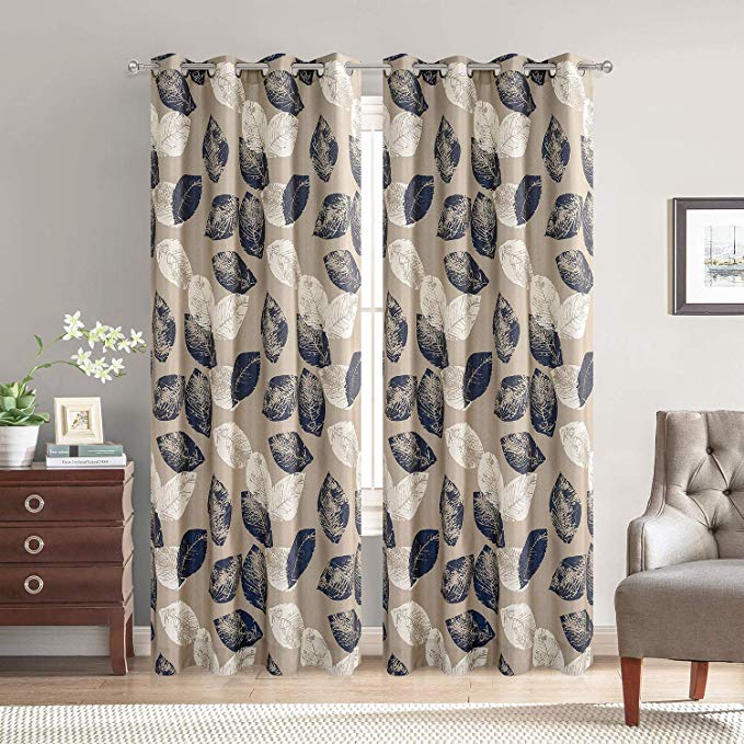 VOGOL Fashionable Curtains 106 Inches Long Navy Leaves Grommet Curtain Drapes for Bedroom and Living Room, 70%-80% Light Shading, 2 Panels, W60 x L106 inch