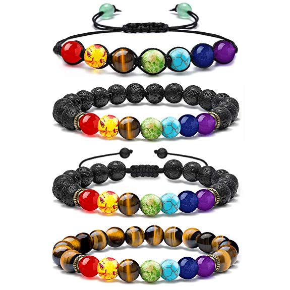M MOOHAM Chakra Bead Bracelets - 8mm Natural Lava Rock Stones Beads Bracelets, Men Stress Relief Yoga Beads Aromatherapy Essential Oil Diffuser Bracelets 7 Chakras Anxiety Bracelet for Women