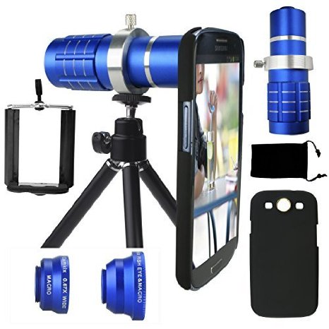 Samsung Galaxy S3 Camera Lens Kit- 12x Telephoto Lens Fisheye Lens 2 in 1 Macro and Wide Angle Lens and Accessories Blue