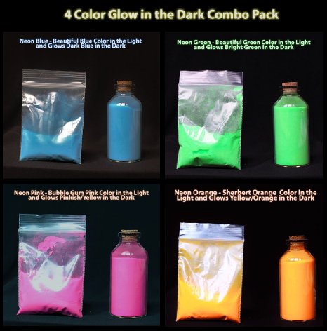 4 Color Combo Pack of Glow in the Dark Powder (60 grams in total). 15 grams each of Neon Blue, Neon Pink, Neon Orange and Neon Purple. Great for Mixing With Paints, Resins, Spray Paint, Ink, Waxes, Screen Printing Ink, Fabric Ink, Ceramics and More!
