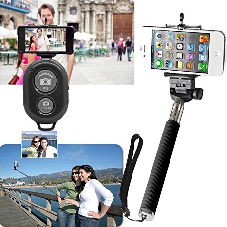Extendable Hand Held Selfie Monopod and Mini Wireless Bluetooth Remote Shutter Self Timer Black