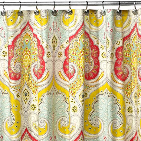 DS BATH Medina Saffron Shower Curtain,Fabric Shower Curtain,Contemporary Shower Curtains for Bathroom,Print Bathroom Curtains,Paisley Waterproof Shower Curtain,86" W x 78" H-Red/Yellow