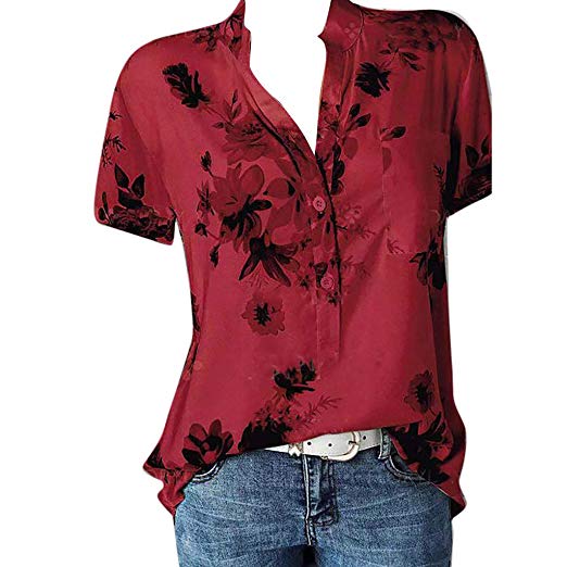 Women Printing Pocket Plus Size Short Sleeve Brief Blouse Top Shirt
