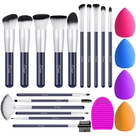 BESTOPE Makeup Brushes 16PCs Makeup Brushes Set with 4PCs Makeup Sponge and 1 Brush Cleaner Premium Synthetic Foundation Brushes Blending Face Powder Eye Shadows Make Up Brushes Tool(Navy blue)