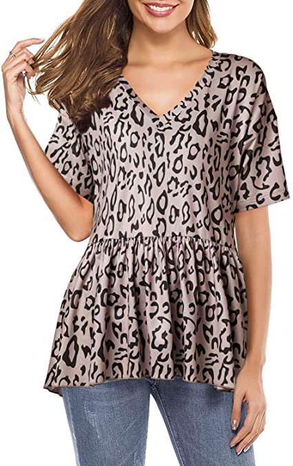 Women Leopard Print V Neck Loose Fit Shirts Short Sleeve Pleated Babydoll Peplum Casual Tops Blouse Tunic