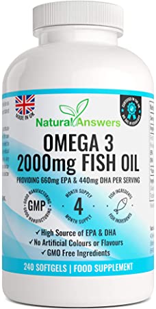 Omega 3 Pure Fish Oil 2000mg – 660mg EPA & 440mg DHA per Daily Serving – 240 Softgel Capsules – 4 Months Supply – for Maintenance of Normal Heart and Brain Function – Made in The UK
